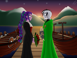 Size: 2000x1500 | Tagged: safe, artist:drake-rex, aria blaze, oc, oc:malicore, human, equestria girls, g4, ariore, boat, canon x oc, commission, duo, marriage, mountain, shipping, viking, water, wedding
