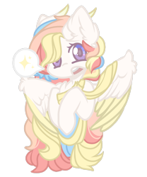 Size: 1280x1536 | Tagged: safe, artist:little-coffee-kisses, oc, oc:rainbow dreams, pegasus, pony, cute, ear fluff, female, hair over one eye, horn, ribbon, simple background, speech bubble, transparent background, two toned wings, wings, ych result
