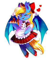 Size: 800x922 | Tagged: safe, artist:ipun, oc, oc only, oc:aliax smily, bat pony, semi-anthro, arm hooves, bat pony oc, bat wings, bow, chibi, clothes, crossdressing, deviantart watermark, dress, fishnet stockings, flan, food, friendship cafe, hair bow, heart, maid, male, obtrusive watermark, pudding, shoes, simple background, solo, stallion, transparent background, watermark, wings