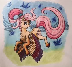 Size: 3210x2976 | Tagged: safe, artist:mesuyoru, fluttershy, bird, butterfly, pegasus, pony, g4, season 9, the last problem, blue eyes, colored wings, fanart, feather, female, flying, happy, high res, mare, markers, music notes, older, older fluttershy, pink mane, ponytail, simple background, singing, solo, traditional art, wings