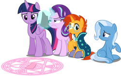 Size: 3078x1917 | Tagged: safe, artist:estories, artist:frownfactory, artist:slb94, artist:sofunnyguy, edit, editor:slayerbvc, vector edit, starlight glimmer, sunburst, trixie, twilight sparkle, alicorn, pony, unicorn, g4, blushing, clothes, coat markings, confused, female, frown, glasses, inverted mouth, looking back, looking down, magic, magic circle, male, mare, raised hoof, robe, simple background, sitting, sockless sunburst, socks (coat markings), stallion, starlight glimmer is not amused, sunburst's cloak, sunburst's glasses, transparent background, twilight sparkle (alicorn), unamused, vector