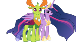 Size: 7807x4374 | Tagged: safe, artist:crystalmagic6, artist:dashiesparkle edit, edit, vector edit, thorax, twilight sparkle, alicorn, changedling, changeling, pony, g4, the last problem, crown, ethereal mane, female, jewelry, king thorax, looking at you, male, older, older thorax, older twilight, older twilight sparkle (alicorn), princess twilight 2.0, regalia, shipping, simple background, starry mane, straight, tiara, transparent background, twilight sparkle (alicorn), twirax, vector