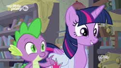 Size: 1920x1080 | Tagged: safe, screencap, spike, twilight sparkle, alicorn, dragon, pony, g4, the point of no return, bag, book, bookshelf, discovery family, discovery family logo, logo, saddle bag, scroll, twilight sparkle (alicorn), winged spike, wings