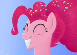 Size: 4578x3273 | Tagged: safe, artist:fladdrarblyg, pinkie pie, earth pony, pony, g4, the last problem, bust, eyes closed, female, happy, high res, older, older pinkie pie, portrait, simple background, smiling, solo