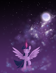 Size: 4000x5200 | Tagged: safe, artist:fladdrarblyg, twilight sparkle, alicorn, pony, g4, eyes closed, female, magic, magic aura, moon, solo, stars, twilight sparkle (alicorn), walking, wings