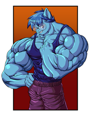 Size: 1024x1355 | Tagged: safe, artist:faogwolf, oc, oc only, oc:blue, unicorn, anthro, muscles, overdeveloped muscles, solo