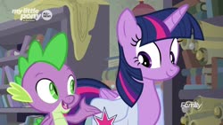 Size: 1920x1080 | Tagged: safe, screencap, spike, twilight sparkle, alicorn, dragon, pony, g4, the point of no return, bag, book, bookshelf, discovery family, discovery family logo, logo, saddle bag, scroll, twilight sparkle (alicorn), winged spike, wings