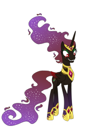Size: 3027x3982 | Tagged: safe, artist:lumi-infinite64, oc, oc only, oc:shadow nebula, alicorn, pony, colored wings, evil, evil smile, eyeshadow, gradient hooves, gradient wings, grin, high res, hoof shoes, jewelry, makeup, oc villain, red eyes, regalia, scar, simple background, smiling, solo, transparent background, wings