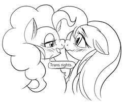 Size: 1069x885 | Tagged: safe, artist:buttercupsaiyan, fluttershy, pinkie pie, /mlp/, /mlp/ol, 4chan, autodesk sketchbook, blushing, community related, digital art, female, flame war, lesbian, lineart, monochrome, mouthpiece, nose to nose, ship:flutterpie, shipping, sketch, speech bubble, trans rights