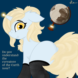 Size: 2300x2300 | Tagged: safe, artist:kotwitz, oc, oc only, oc:aria taitava, pony, unicorn, abstract background, blonde, braid, butt, clothes, eye contact, flat earth, globe, high res, looking at each other, looking at you, magic, plot, smiling, solo, stockings, text, thigh highs