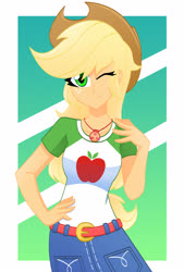 Size: 2136x3168 | Tagged: safe, artist:xan-gelx, applejack, equestria girls, g4, commission, cowboy hat, female, geode of super strength, hat, high res, magical geodes, one eye closed, solo, wink, winking at you