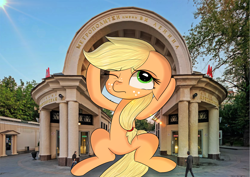 Size: 3508x2480 | Tagged: safe, artist:janelearts, applejack, earth pony, human, pony, g4, building, cyrillic, giant pony, high res, irl, macro, one eye closed, photo, ponies in real life, russian, sky, tree