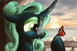 Size: 1800x1200 | Tagged: source needed, safe, artist:eris azure, idw, queen chrysalis, butterfly, changeling, changeling queen, pony, g4, balcony, colored, comic, cute, cutealis, eyebrows, eyeshadow, fangs, female, flower, glassalys, glasses, green eyes, green mane, horn, jewelry, makeup, mane, mirror universe, ocean, regalia, reversalis, scenery, smiling, solo, sunset