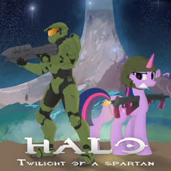 Size: 2000x2000 | Tagged: safe, artist:str1ker878, twilight sparkle, alicorn, pony, g4, glowing horn, gun, halo (series), halo array, high res, horn, magic, master chief, submachinegun, telekinesis, twilight sparkle (alicorn), weapon