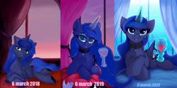 Size: 4280x2126 | Tagged: safe, artist:shadowreindeer, princess luna, alicorn, pony, g4, art evolution, choker, crossed hooves, ear piercing, female, looking at you, mare, piercing, prone, redraw, smiling, solo, window