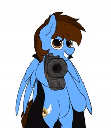 Size: 1783x2048 | Tagged: safe, artist:aaathebap, oc, oc only, oc:pegasusgamer, pegasus, pony, bipedal, cape, cloak, clothes, ear fluff, grin, gun, looking at you, pegasus oc, shotgun, simple background, smiling, solo, weapon, white background, wings