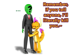 Size: 1280x982 | Tagged: safe, artist:pika-robo, smolder, oc, oc:anon, dragon, human, g4, ..., 3d, cuddling, cute, death threat, dragoness, duo, eyes closed, female, hug, leg hug, open mouth, orange text, simple background, smolderbetes, smoldere, source filmmaker, talking, text, this might end in death, threat, transparent background, tsundere