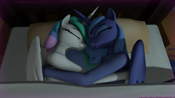 Size: 2880x1620 | Tagged: safe, artist:shadowboltsfm, princess celestia, princess luna, alicorn, anthro, 3d, bed, blanket, cuddling, cute, duo, duo female, female, hug, implied nudity, incest, lesbian, multicolored mane, night, pillow, princest, royal sisters, s1 luna, shipping, siblings, sisters, sleeping, smiling, source filmmaker