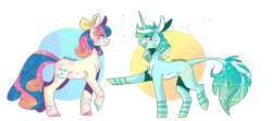 Size: 1280x569 | Tagged: safe, artist:akiiichaos, bon bon, lyra heartstrings, sweetie drops, earth pony, pony, unicorn, g4, alternate hairstyle, bow, chest fluff, duo, female, hair bow, leonine tail, mare, markings, open mouth, raised hoof, raised leg, redesign, simple background, transparent background, unshorn fetlocks