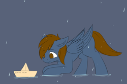 Size: 3144x2102 | Tagged: safe, artist:snowstormbat, oc, oc only, oc:luck, pegasus, pony, high res, looking up, male, paper boat, rain, simple background, sketch, solo, stallion