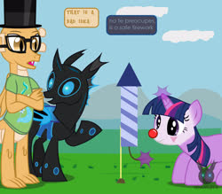 Size: 1418x1241 | Tagged: safe, artist:wheatley r.h., derpibooru exclusive, oc, oc only, oc:myoozik the dragon, oc:twi clown, oc:w. rhinestone eyes, changeling, dragon, honeypot changeling, pony, unicorn, g4, blue changeling, changeling oc, clothes, clown makeup, crossed arms, cutie mark, cutie mark on clothes, dragon oc, female, field, fireworks, folded wings, fuse, glasses, glowing, glowing horn, hat, honeypot ants, horn, magic, male, mare, mountain, pyrokinesis, rocket, shirt, speech bubble, this will end in explosions, top hat, vector, watermark, what could possibly go wrong, wings