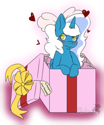 Size: 1280x1536 | Tagged: safe, artist:mediocrekit, oc, oc only, oc:fleurbelle, alicorn, pony, alicorn oc, blushing, bow, box, female, hair bow, heart, horn, mare, pony in a box, present, ribbon, simple background, solo, tissue paper, transparent background, yellow eyes
