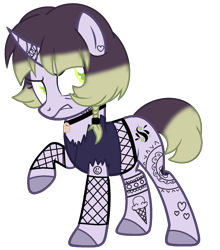 Size: 1253x1424 | Tagged: safe, artist:pegasski, artist:rukemon, oc, oc only, oc:glitter ink, pony, unicorn, g4, angry, annoyed, choker, clothes, commission, ear piercing, earring, female, fishnet clothing, gritted teeth, jewelry, lock, mare, piercing, raised hoof, simple background, solo, tank top, tattoo, torn clothes, transparent background
