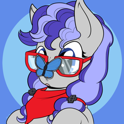 Size: 1000x1000 | Tagged: safe, artist:housho, oc, oc only, oc:cinnabyte, butterfly, earth pony, pony, bandana, butterfly on nose, commission, female, finished commission, glasses, insect on nose, mare, simple background, solo, your character here