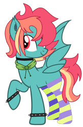 Size: 1257x1933 | Tagged: safe, artist:pegasski, artist:rukemon, oc, oc only, oc:rainbow screech, bat pony, pony, icey-verse, g4, base used, bat pony oc, bat wings, choker, clothes, commission, female, hair over one eye, hood, magical lesbian spawn, mare, multicolored hair, offspring, parent:evil pie hater dash, parent:flutterbat, parent:fluttershy, parent:rainbow dash, parents:flutterdash, parents:piehaterbat, raised hoof, show accurate, simple background, socks, solo, spiked wristband, striped socks, transparent background, wings, wristband