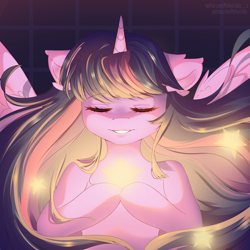 Size: 2300x2300 | Tagged: safe, artist:melloncollie-chan, twilight sparkle, alicorn, pony, g4, bust, cute, ear fluff, eyes closed, female, high res, mare, smiling, solo, spread wings, stars, twiabetes, twilight sparkle (alicorn), wings
