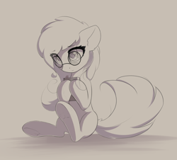 Size: 2100x1900 | Tagged: safe, artist:ifmsoul, earth pony, pony, book, eye clipping through hair, female, glasses, mare, monochrome, simple background, sitting, solo, underhoof