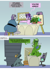 Size: 1612x2329 | Tagged: safe, artist:monterrang, boulder (g4), maud pie, phyllis, starlight glimmer, earth pony, pony, unicorn, tumblr:ask fat maud pie, g4, alternate universe, desk, fat, female, male, mare, maud pudge, obese, plant, ponified, species swap, stallion