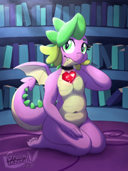 Size: 1200x1600 | Tagged: safe, artist:greenlinzerd, spike, dragon, anthro, g4, barb, barbabetes, barefoot, book, choker, cute, cute little fangs, delicious flat chest, dragoness, fangs, featureless chest, feet, female, fire ruby, gem, indoors, kneeling, library, looking at you, loss (meme), older, older spike, plump, pretty, ruby, rule 63, rule63betes, smiling, solo, twilight's castle, twilight's castle library, winged spike, wings