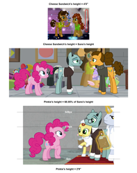 Size: 1596x2026 | Tagged: safe, cheese sandwich, chili cheese, lemon honey, pinkie pie, platinum cure, sans smirk, earth pony, pony, g4, pinkie pride, the last laugh, analysis, comparison, comparison chart, height, height difference, height scale, male, math, scale, size chart, size comparison, stallion