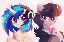 Size: 2449x1632 | Tagged: safe, artist:mirtash, dj pon-3, octavia melody, vinyl scratch, earth pony, pony, unicorn, g4, bowtie, chest fluff, clothes, cute, duo, duo female, ear fluff, eye clipping through hair, eyebrows, eyebrows visible through hair, female, grin, headphones, headset, hooves, horn, mare, octavia's bowtie, smiling, sparkly eyes, tavibetes, vinylbetes, wingding eyes