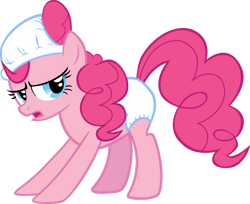 Size: 900x735 | Tagged: safe, pinkie pie, earth pony, pony, baby cakes, g4, season 2, diaper, female, lidded eyes, mare, multiple diapers, non-baby in diaper, sigh, simple background, small diaper, solo, transparent background, white diapers