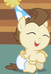 Size: 223x323 | Tagged: safe, screencap, pound cake, pony, baby cakes, g4, baby, baby pony, colt, cropped, cute, diaper, diapered, diapered colt, eyes closed, happy, happy baby, hat, male, one month old colt, open mouth, party hat, playful, solo, white diaper