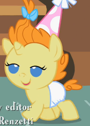 Size: 231x323 | Tagged: safe, screencap, pumpkin cake, pony, baby cakes, g4, baby, baby pony, cropped, cute, diaper, diapered filly, female, filly, happy, happy baby, hat, lidded eyes, one month old filly, party hat, sugarcube corner