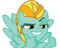 Size: 9401x7526 | Tagged: safe, artist:wissle, lightning dust, pegasus, pony, anthro, g4, the washouts (episode), absurd resolution, evil grin, female, grin, happy, mare, raised eyebrow, simple background, smiling, smug, solo, spread wings, suddenly hands, thumbs up, transparent background, vector, wat, wings