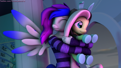 Size: 1920x1080 | Tagged: safe, artist:shadowboltsfm, fluttershy, oc, oc:inkwell stylus, anthro, g4, 3d, bunny ears, clothes, costume, cute, dangerous mission outfit, goggles, hoodie, hug, plushie, smiling, source filmmaker