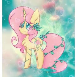 Size: 1080x1080 | Tagged: safe, artist:misky_cervidae, fluttershy, pony, unicorn, g4, female, flower, flower in hair, fluttershy (g5 concept leak), g5 concept leak style, g5 concept leaks, mare, redesign, simple background, smiling, solo, unicorn fluttershy, vine