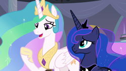 Size: 1920x1080 | Tagged: safe, screencap, princess celestia, princess luna, alicorn, pony, g4, the summer sun setback, chestplate, crown, duo, ethereal mane, female, flowing mane, folded wings, hoof shoes, jewelry, lidded eyes, multicolored mane, open mouth, peytral, proud, raised hoof, regalia, royal sisters, siblings, sisters, smiling, starry mane