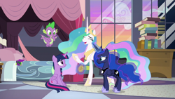 Size: 1920x1080 | Tagged: safe, screencap, princess celestia, princess luna, spike, twilight sparkle, alicorn, dragon, pony, g4, the summer sun setback, amulet, baby dragon, beautiful, bed, book, cheerful, chestplate, claws, comic book, crown, ethereal mane, ethereal tail, eyes closed, eyeshadow, female, flowing mane, flowing tail, flying, folded wings, frown, glowing horn, hoof shoes, horn, jewelry, levitation, lidded eyes, looking down, magic, magic aura, makeup, male, mare, multicolored mane, multicolored tail, raised hoof, regalia, royal sisters, siblings, sisters, sitting, smiling, starry mane, telekinesis, twilight sparkle (alicorn), winged spike, wings