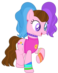 Size: 1585x1998 | Tagged: safe, artist:pegasski, artist:rukemon, oc, oc only, oc:sunshine smiles (ice1517), earth pony, pony, g4, base used, bracelet, choker, clothes, commission, ear piercing, earring, female, heart eyes, heterochromia, jewelry, mare, multicolored hair, piercing, pigtails, raised hoof, raised leg, simple background, solo, tank top, transparent background, twintails, wingding eyes, wristband