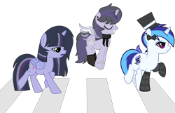 Size: 2052x1320 | Tagged: safe, artist:pigeorgien, artist:rukemon, oc, oc:melodic dreams, oc:moonlight nova, oc:nightfall blitz, alicorn, pony, unicorn, icey-verse, abbey road, alicorn oc, bandaid, base used, bow, clothes, commission, ear piercing, earring, eyes closed, eyeshadow, female, flying, grin, hair bow, hat, horn, jewelry, magical lesbian spawn, makeup, mare, multicolored hair, offspring, open mouth, parent:mean twilight sparkle, parent:oc:moonshine twinkle, parent:octavia melody, parent:vinyl scratch, parents:canon x oc, parents:meanshine, parents:scratchtavia, piercing, pronking, raised hoof, raised leg, scarf, siblings, simple background, sisters, the beatles