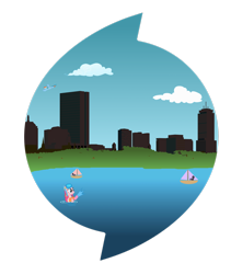 Size: 2252x2664 | Tagged: safe, artist:purpletinker, pinkie pie, rainbow dash, earth pony, pegasus, pony, g4, boston, city, cityscape, high res, hub logo, sailboat, simple background, skyline, transparent background, water