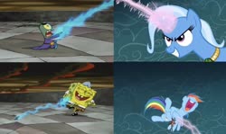 Size: 1004x598 | Tagged: safe, edit, edited screencap, screencap, rainbow dash, trixie, g4, magic duel, alicorn amulet, blast, comparison, dunces and dragons, laser beam, laughing, lost in time, magic, magic beam, magic blast, male, pen and paper rpg, plankton, planktonamor plankton, powers, reference, rpg, spongebob squarepants, spongebob squarepants (character), tickle beam, tickling