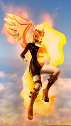 Size: 1080x1920 | Tagged: safe, artist:shadowboltsfm, daybreaker, anthro, plantigrade anthro, g4, 3d, badass, boots, evil, evil grin, female, flying, grin, high heel boots, looking at you, nail polish, on fire, shoes, skinsuit, skintight clothes, sky, smiling, solo, source filmmaker, wings