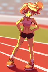 Size: 2000x3000 | Tagged: safe, artist:rockset, sunset shimmer, equestria girls, g4, alternate hairstyle, armband, beautiful, belly button, clothes, confident, female, geode of empathy, hand on hip, high res, magical geodes, midriff, ponytail, race track, running shorts, sexy, shoes, shorts, smiling, smiling at you, sneakers, socks, solo, sports bra, sports shorts, tank top