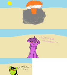 Size: 1736x1945 | Tagged: safe, artist:niggamancer, twilight sparkle, oc, oc:filly anon, g4, 1000 hours in ms paint, cat's cradle, female, filly, kurt vonnegut, mushroom cloud